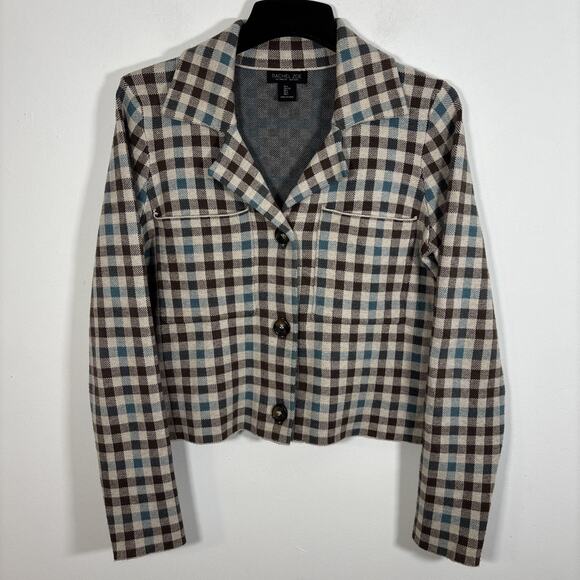 Rachel Zoe Button Up Cardigan Shacket Sweater Blazer Brown Plaid Large Fall - Picture 1 of 8